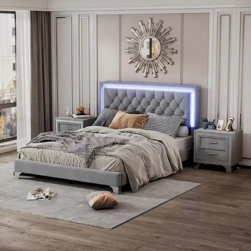 Set camera da letto da 3 pezzi con letto a piattaforma imbottito queen size e due comodini