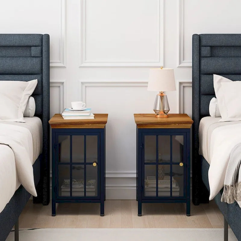 Set of 2 Modern Nightstand with Storage Cabinet & Solid Wood Tabletop