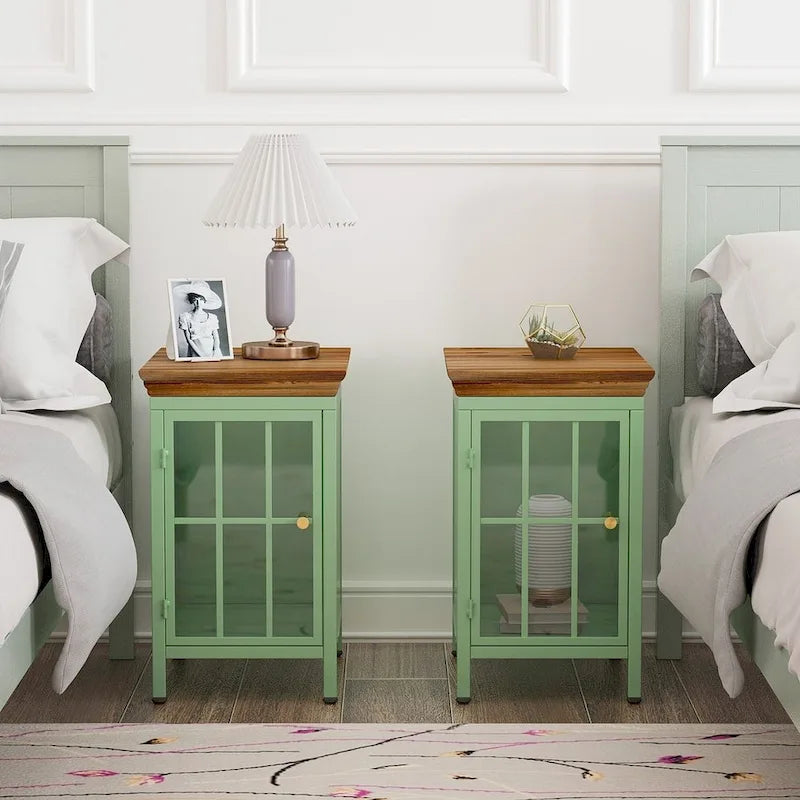 Set of 2 Modern Nightstand with Storage Cabinet & Solid Wood Tabletop