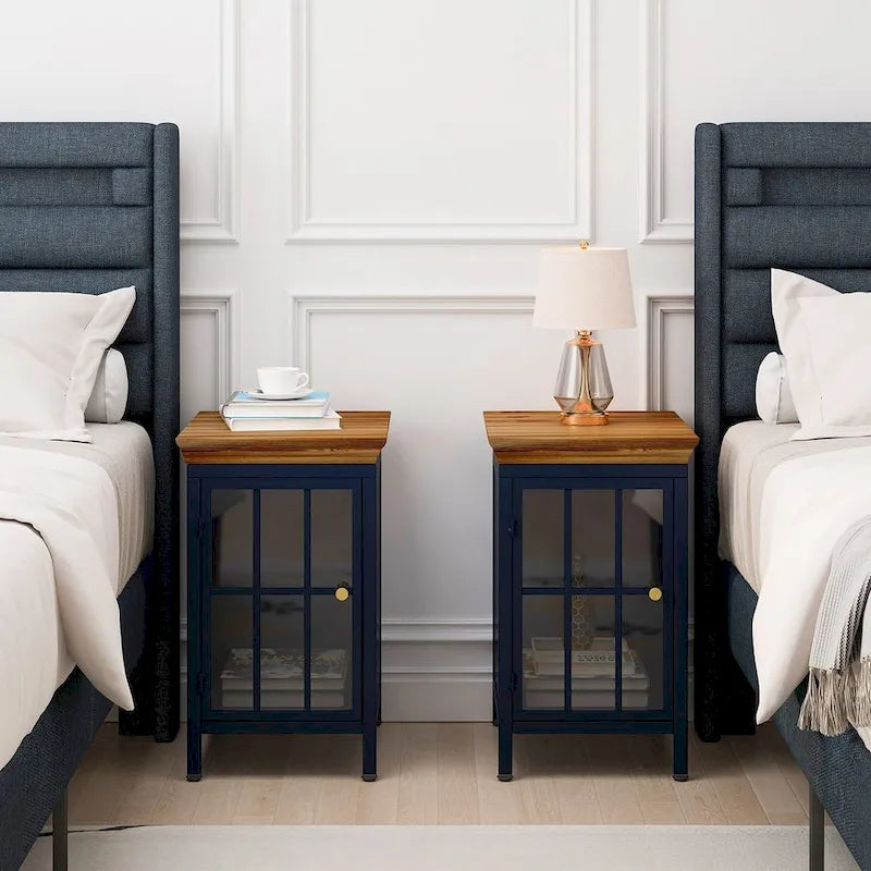 Set of 2 Modern Nightstand with Storage Cabinet & Solid Wood Tabletop