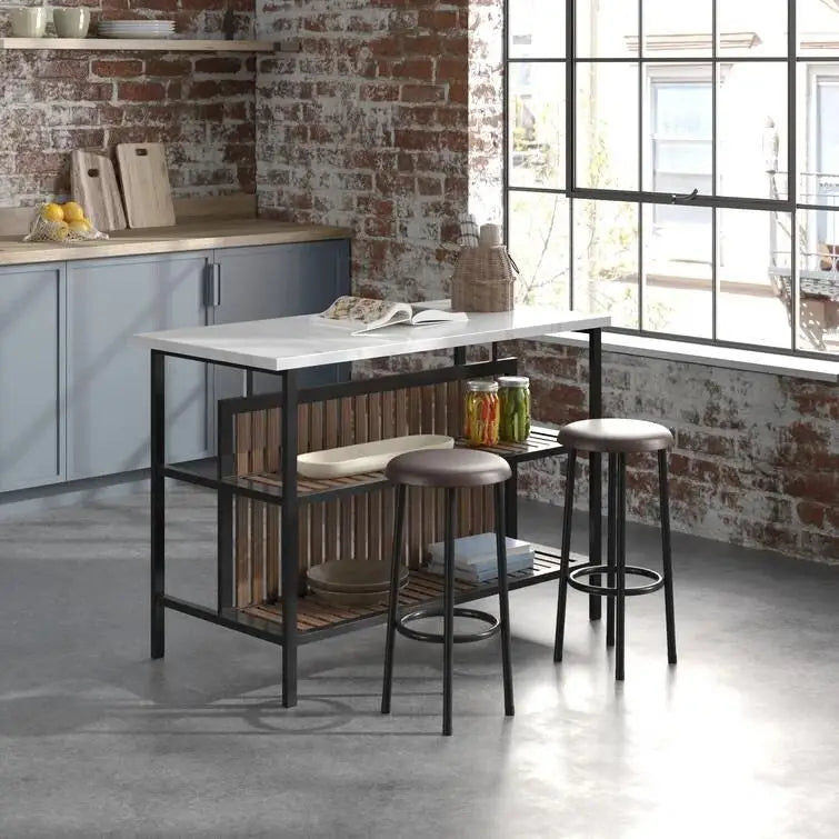 Grondin Mid-Century Modern 3-Piece Faux Marble Top Kitchen Island Set with 2 Stools and Shelves - N/A
