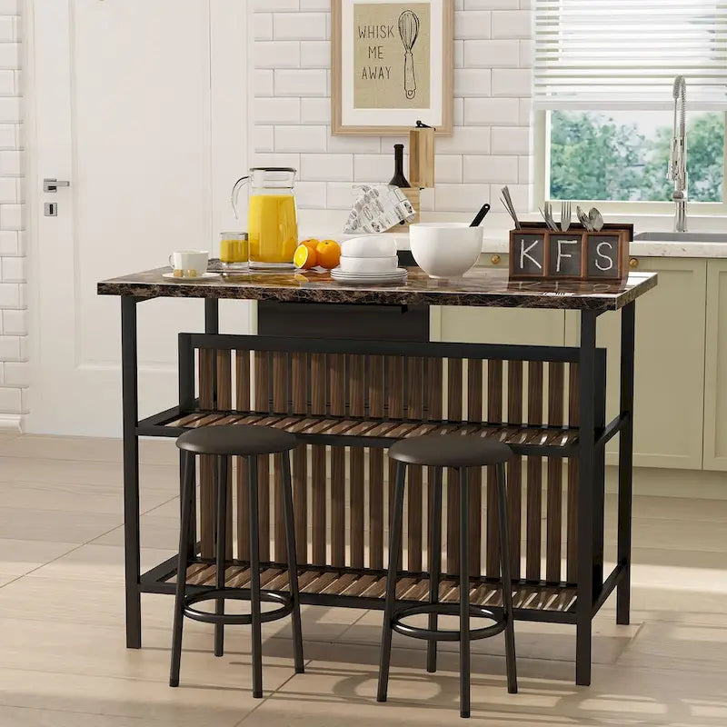 Grondin Mid-Century Modern 3-Piece Faux Marble Top Kitchen Island Set with 2 Stools and Shelves - N/A