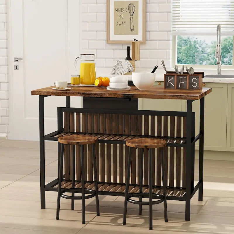 Grondin Mid-Century Modern 3-Piece Faux Marble Top Kitchen Island Set with 2 Stools and Shelves - N/A