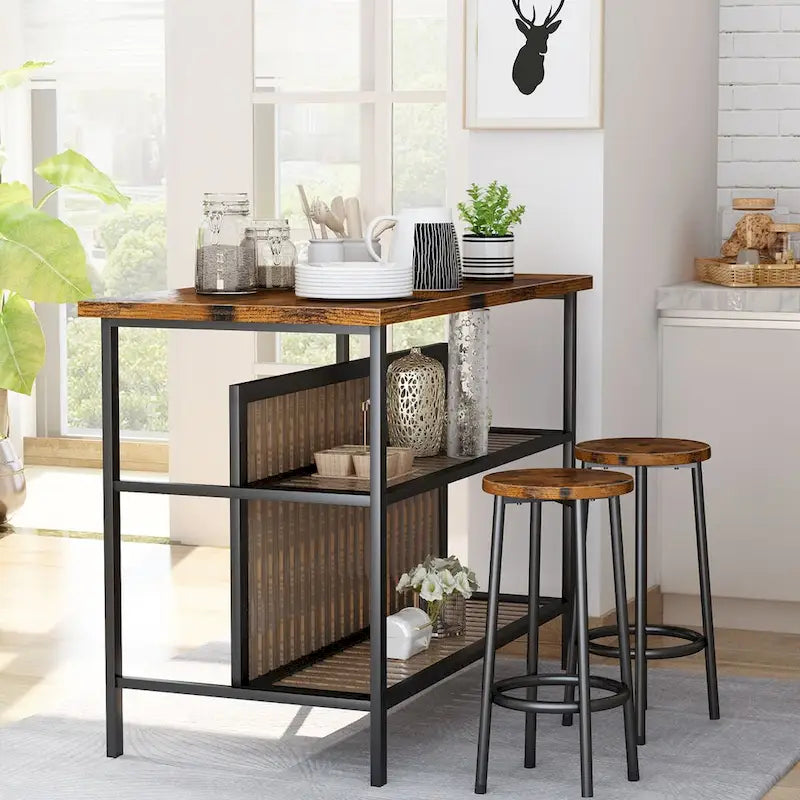 Grondin Mid-Century Modern 3-Piece Faux Marble Top Kitchen Island Set with 2 Stools and Shelves - N/A