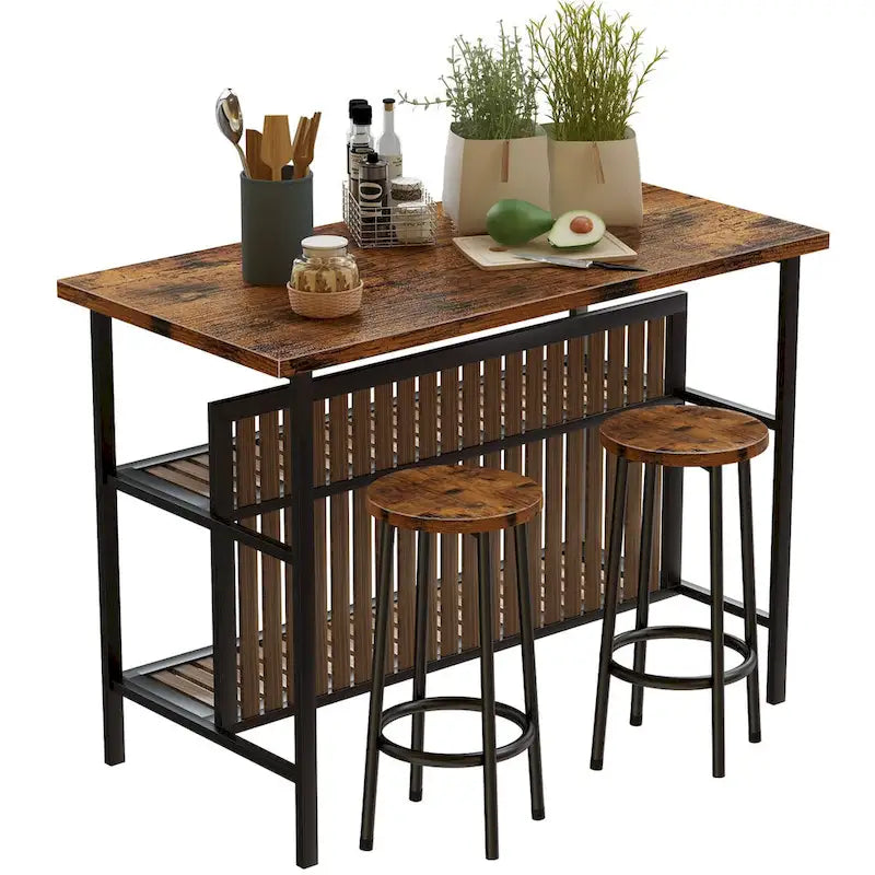 Grondin Mid-Century Modern 3-Piece Faux Marble Top Kitchen Island Set with 2 Stools and Shelves - N/A