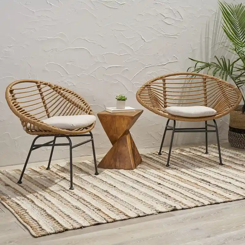 Modern Basket Chair Set with Water-Resistant Cushions and Steel Frame - Set of 2 Outdoor Chairs (No Tables)