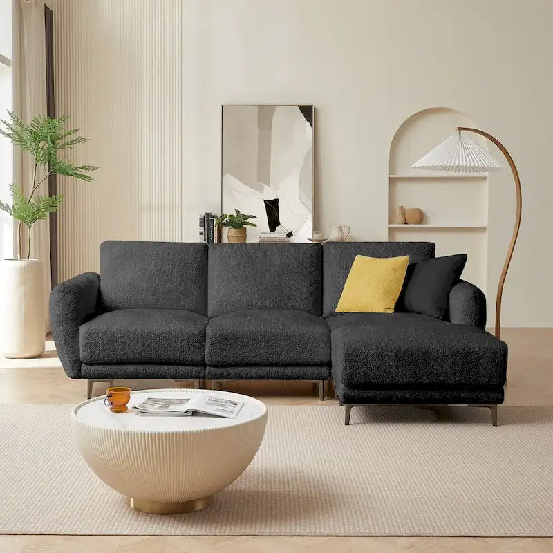 Convertible Sectional Sofa Couch, 3 Seat L-Shaped Sofa with Lamb Fabric, Movable Ottoman