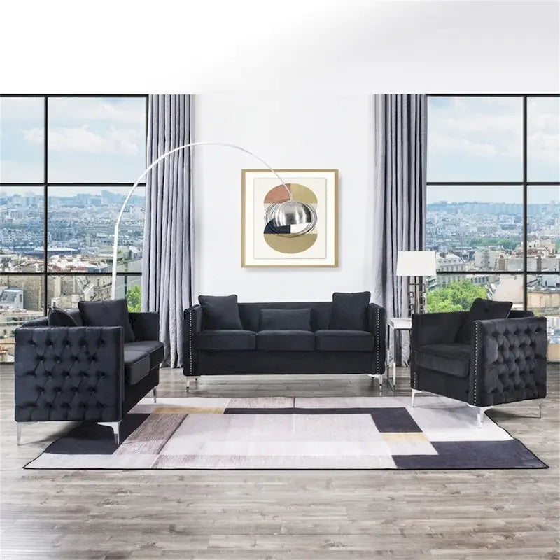 Velvet Living Room Set in Black