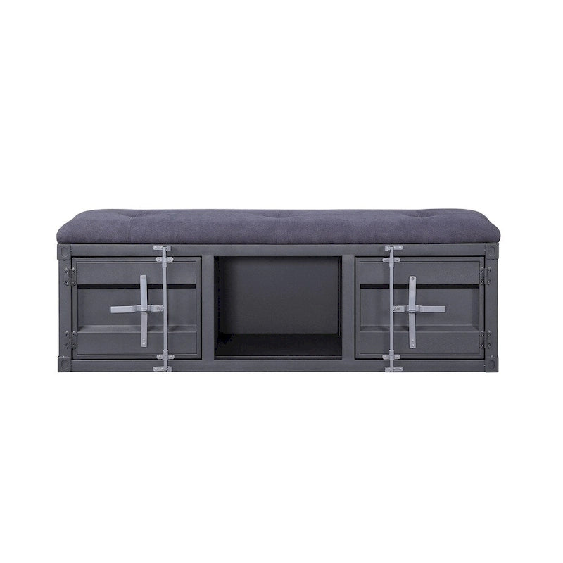 Industrial Style Metal and Fabric Bench with Open Storage, Gray