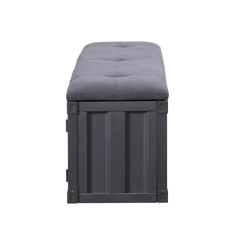 Industrial Style Metal and Fabric Bench with Open Storage, Gray