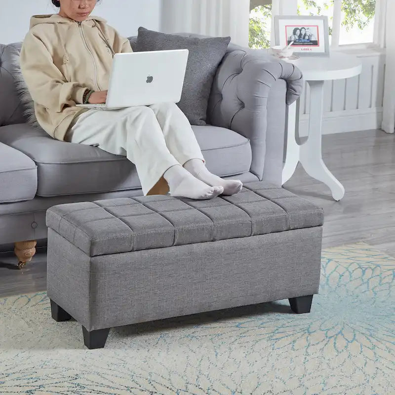 Gray Storage Ottoman Bench - 35.5" with Hinged Lid
