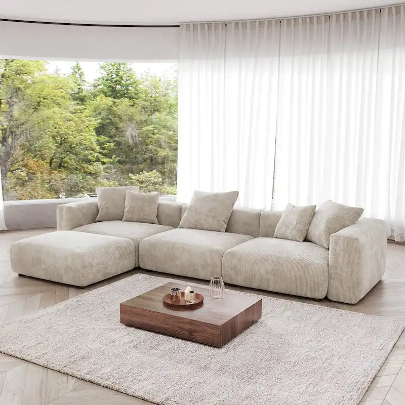 4-Piece L-Shape Sectional Sofa Corduroy Upholstered Couch with Ottoman