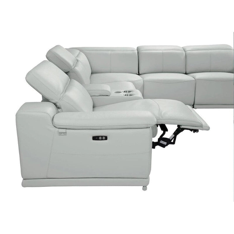 HomeRoots Light Gray Italian Leather Power Reclining U Shaped Five Piece Corner Sectional With Console - 110