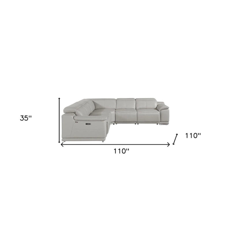 HomeRoots Light Gray Italian Leather Power Reclining U Shaped Five Piece Corner Sectional With Console - 110
