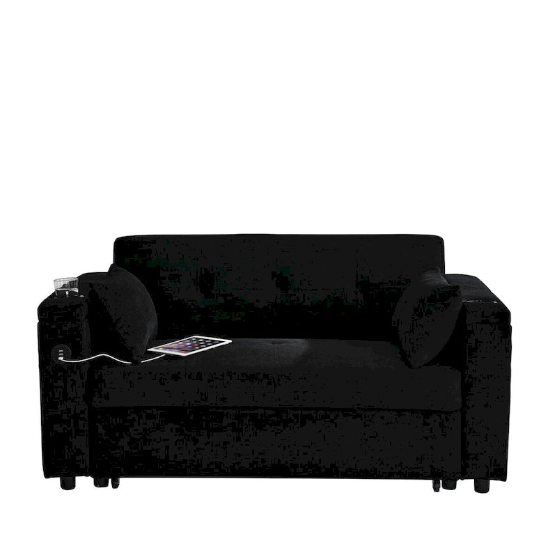 54 Pull-Out Sleeper Sofa Bed, 2 Seat Recliner Sofa Bed with Storage, Lumbar Pillow, USB Power Outlet