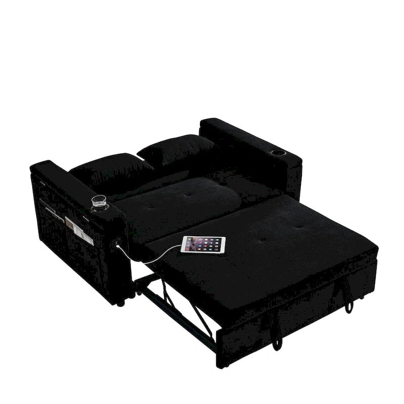54 Pull-Out Sleeper Sofa Bed, 2 Seat Recliner Sofa Bed with Storage, Lumbar Pillow, USB Power Outlet