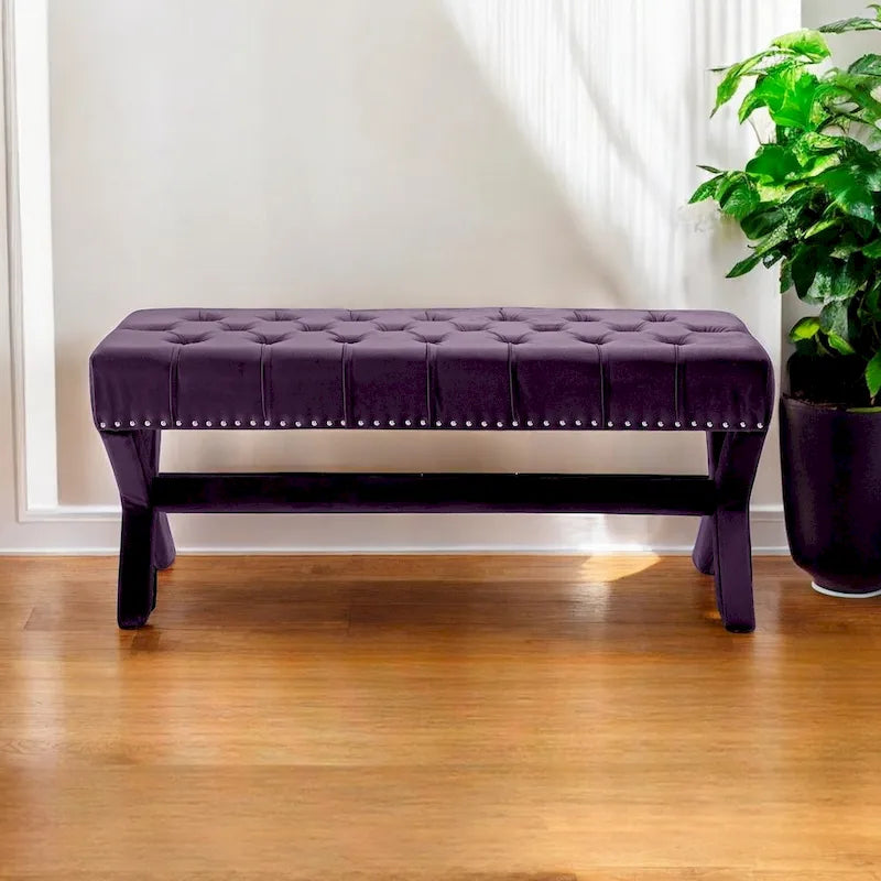 Panca imbottita in velluto color prugna HomeRoots 45 - 45,27L x 19,68W x 19,29H