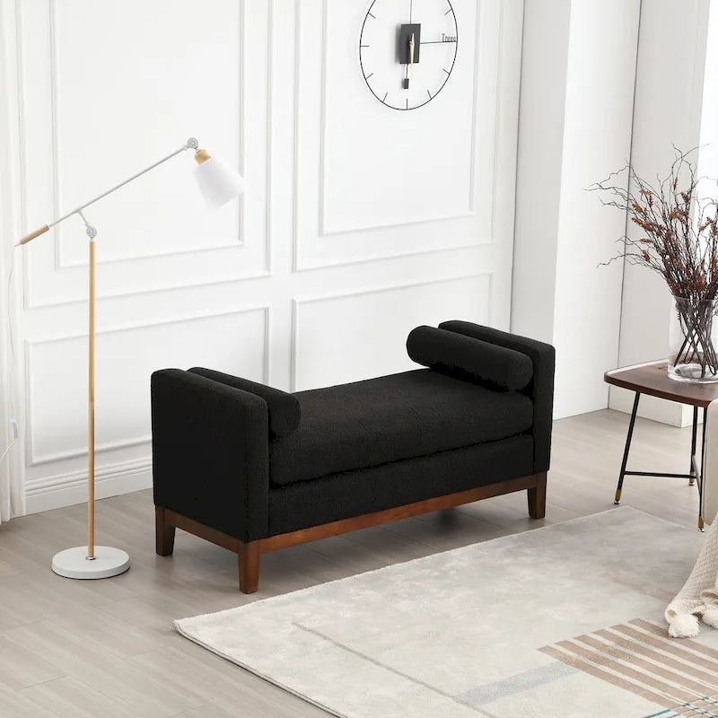 Beige Upholstered Storage Bench - Boucle with Bolster Pillows