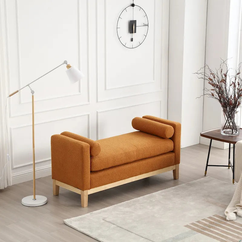 Beige Upholstered Storage Bench - Boucle with Bolster Pillows