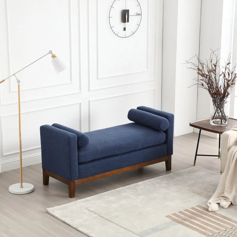 Beige Upholstered Storage Bench - Boucle with Bolster Pillows