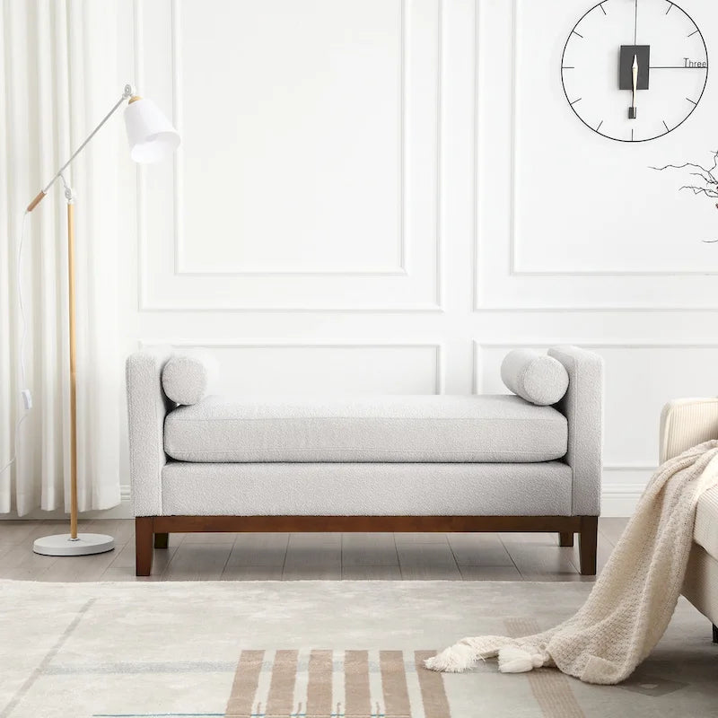 Beige Upholstered Storage Bench - Boucle with Bolster Pillows