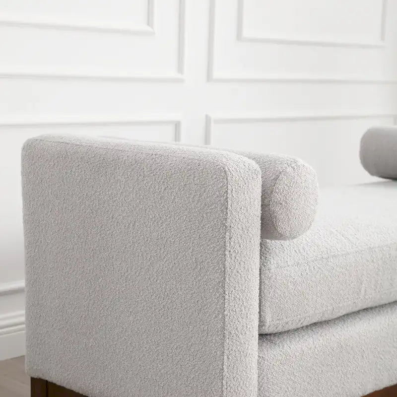 Beige Upholstered Storage Bench - Boucle with Bolster Pillows