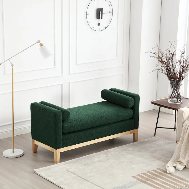 Beige Upholstered Storage Bench - Boucle with Bolster Pillows