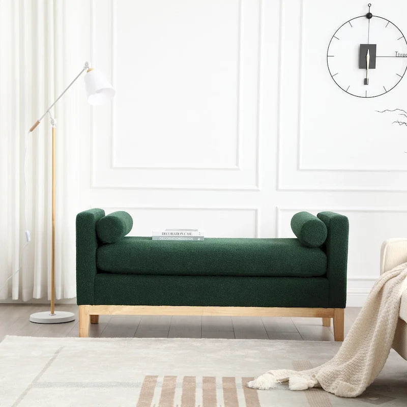 Beige Upholstered Storage Bench - Boucle with Bolster Pillows