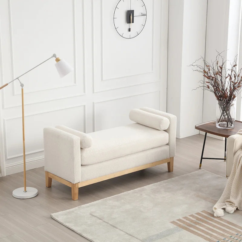 Beige Upholstered Storage Bench - Boucle with Bolster Pillows