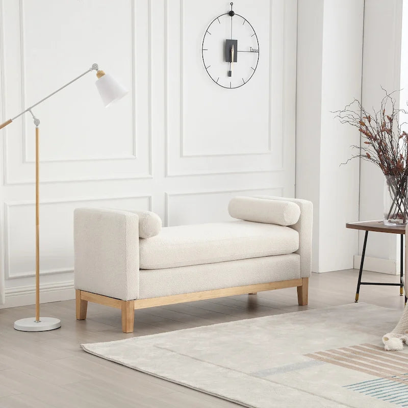 Beige Upholstered Storage Bench - Boucle with Bolster Pillows