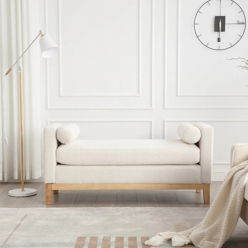 Beige Upholstered Storage Bench - Boucle with Bolster Pillows