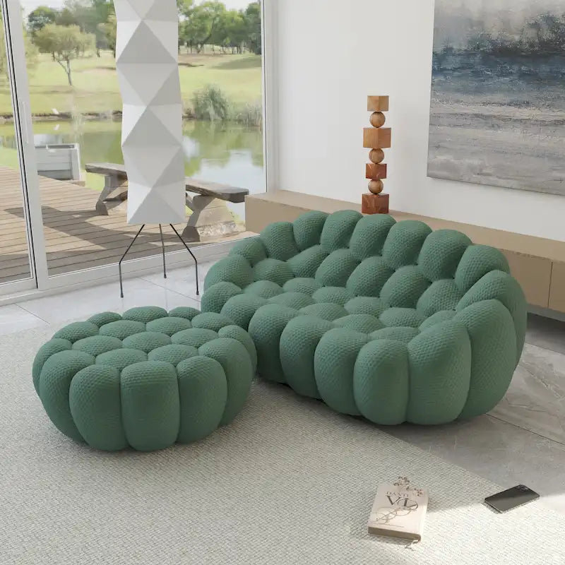 Divano moderno a due posti imbottito in tessuto 3D a nido d'ape con pouf poggiapiedi