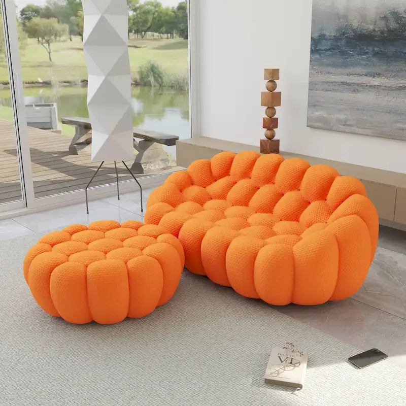 Divano moderno a due posti imbottito in tessuto 3D a nido d'ape con pouf poggiapiedi