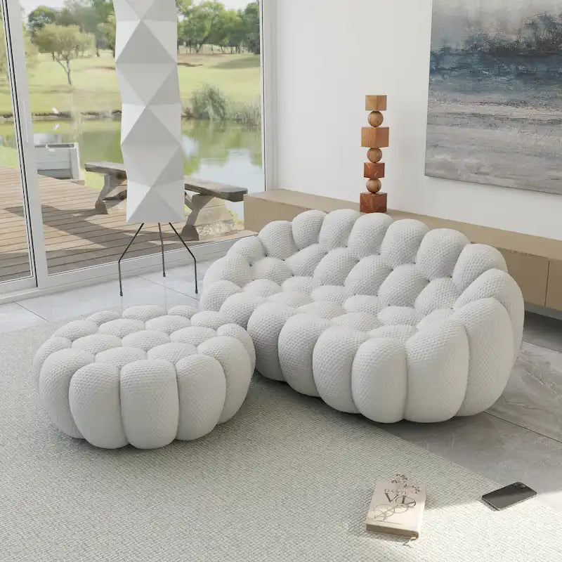 Divano moderno a due posti imbottito in tessuto 3D a nido d'ape con pouf poggiapiedi