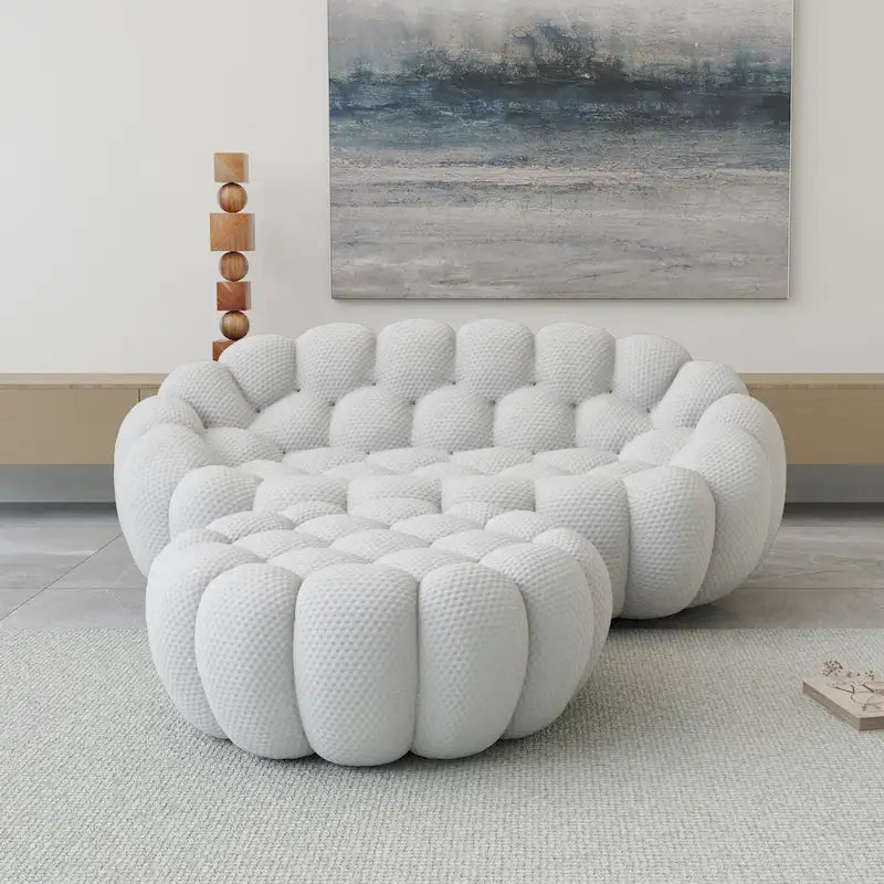 Divano moderno a due posti imbottito in tessuto 3D a nido d'ape con pouf poggiapiedi