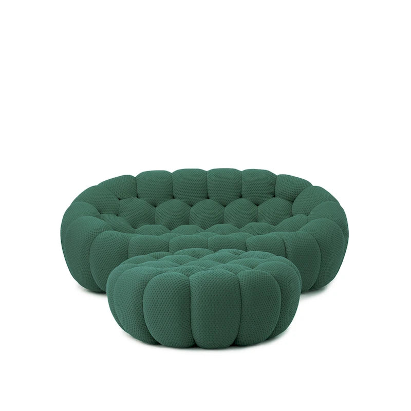 Divano moderno a due posti imbottito in tessuto 3D a nido d'ape con pouf poggiapiedi