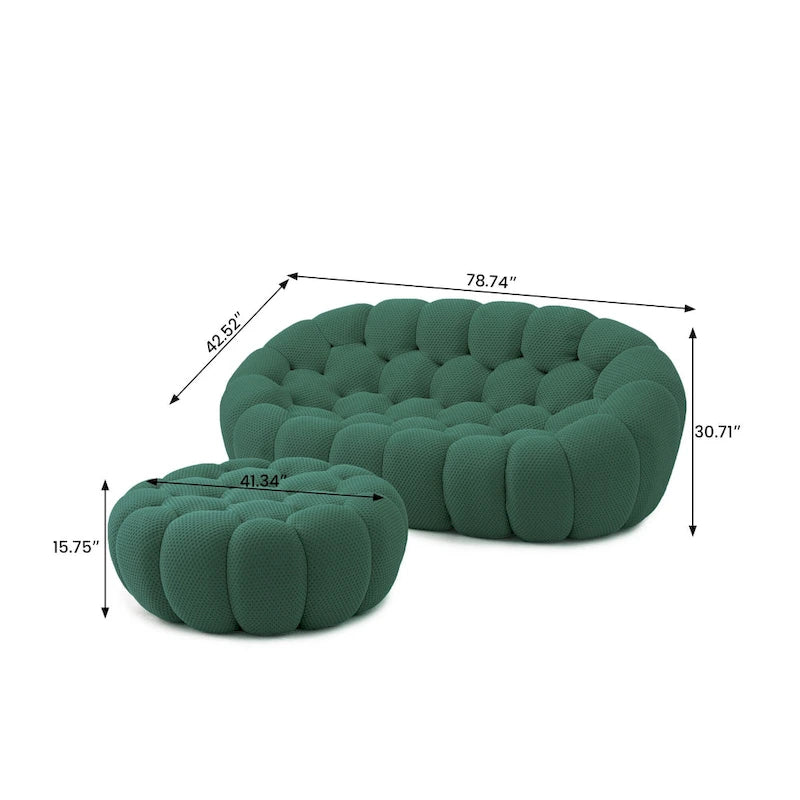 Divano moderno a due posti imbottito in tessuto 3D a nido d'ape con pouf poggiapiedi