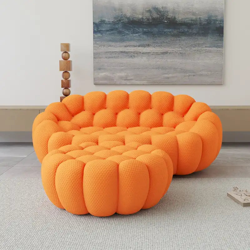 Divano moderno a due posti imbottito in tessuto 3D a nido d'ape con pouf poggiapiedi