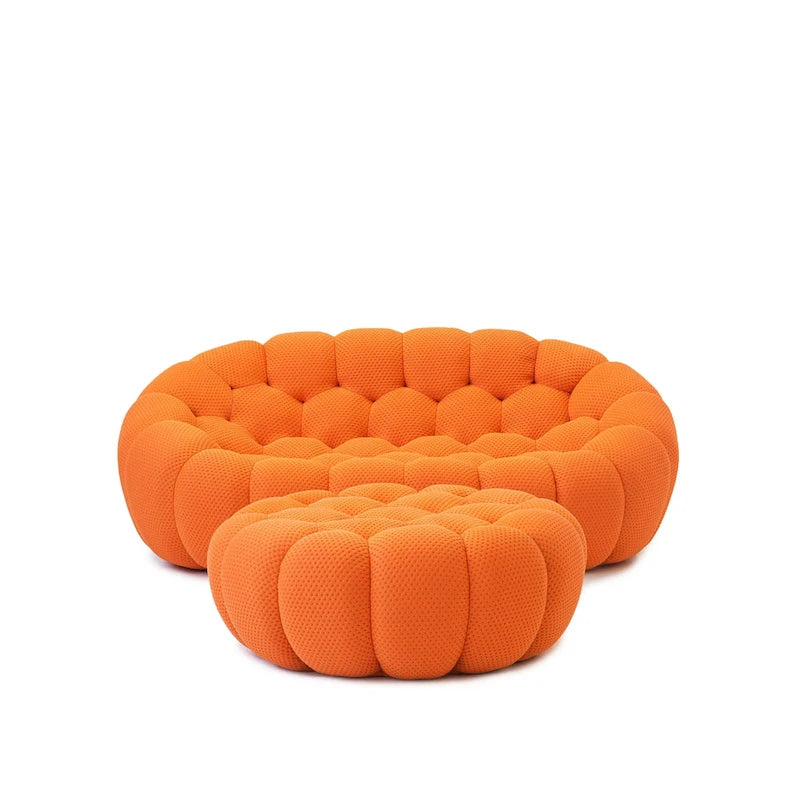 Divano moderno a due posti imbottito in tessuto 3D a nido d'ape con pouf poggiapiedi