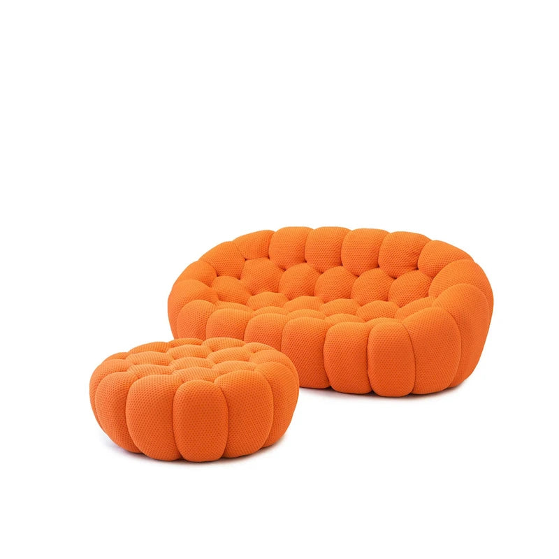 Divano moderno a due posti imbottito in tessuto 3D a nido d'ape con pouf poggiapiedi