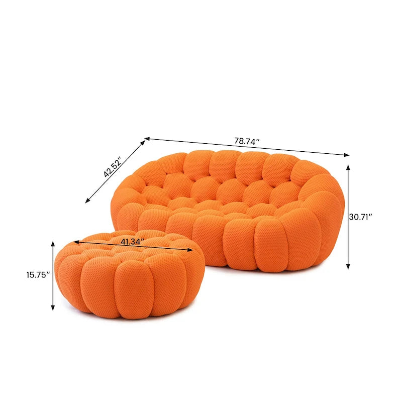 Divano moderno a due posti imbottito in tessuto 3D a nido d'ape con pouf poggiapiedi