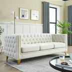 Velvet Upholstered 3 Seat Sofa, Classic Chesterfield Couch Buttons Tufted Square Arm Sofa with Nailheads and Metal Legs