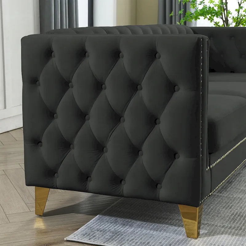 Velvet Upholstered 3 Seat Sofa, Classic Chesterfield Couch Buttons Tufted Square Arm Sofa with Nailheads and Metal Legs