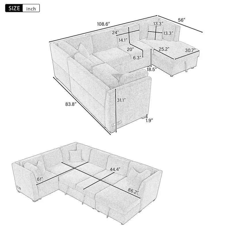 MERAX Sectional Sofa Pull out Sofa Bed with Storage Chaise