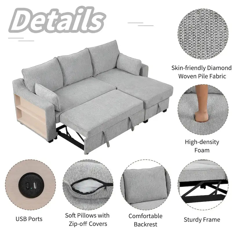 MERAX L-Shaped Couch Convertible Sofa Bed with Storage Chaise