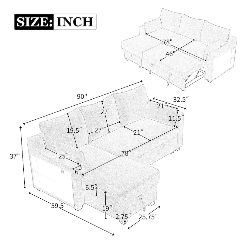 MERAX L-Shaped Couch Convertible Sofa Bed with Storage Chaise