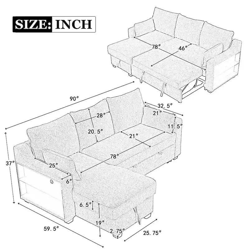MERAX L-Shaped Couch Convertible Sofa Bed with Storage Chaise