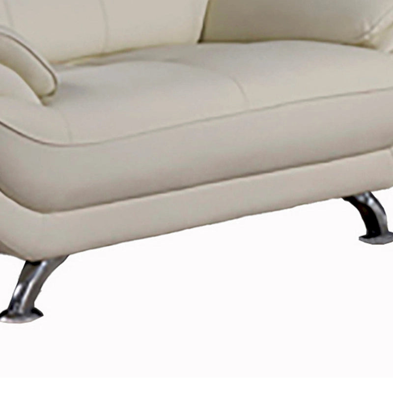 Deni 67 Inch Loveseat, Tufted Ivory Real Leather, Chrome Metal Legs