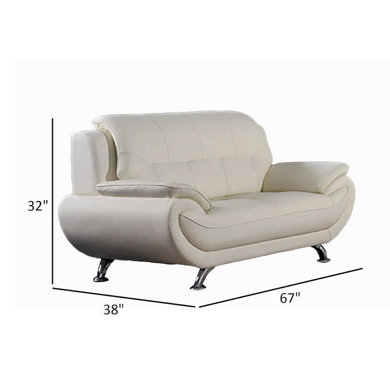 Deni 67 Inch Loveseat, Tufted Ivory Real Leather, Chrome Metal Legs