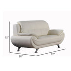 Deni 67 Inch Loveseat, Tufted Ivory Real Leather, Chrome Metal Legs